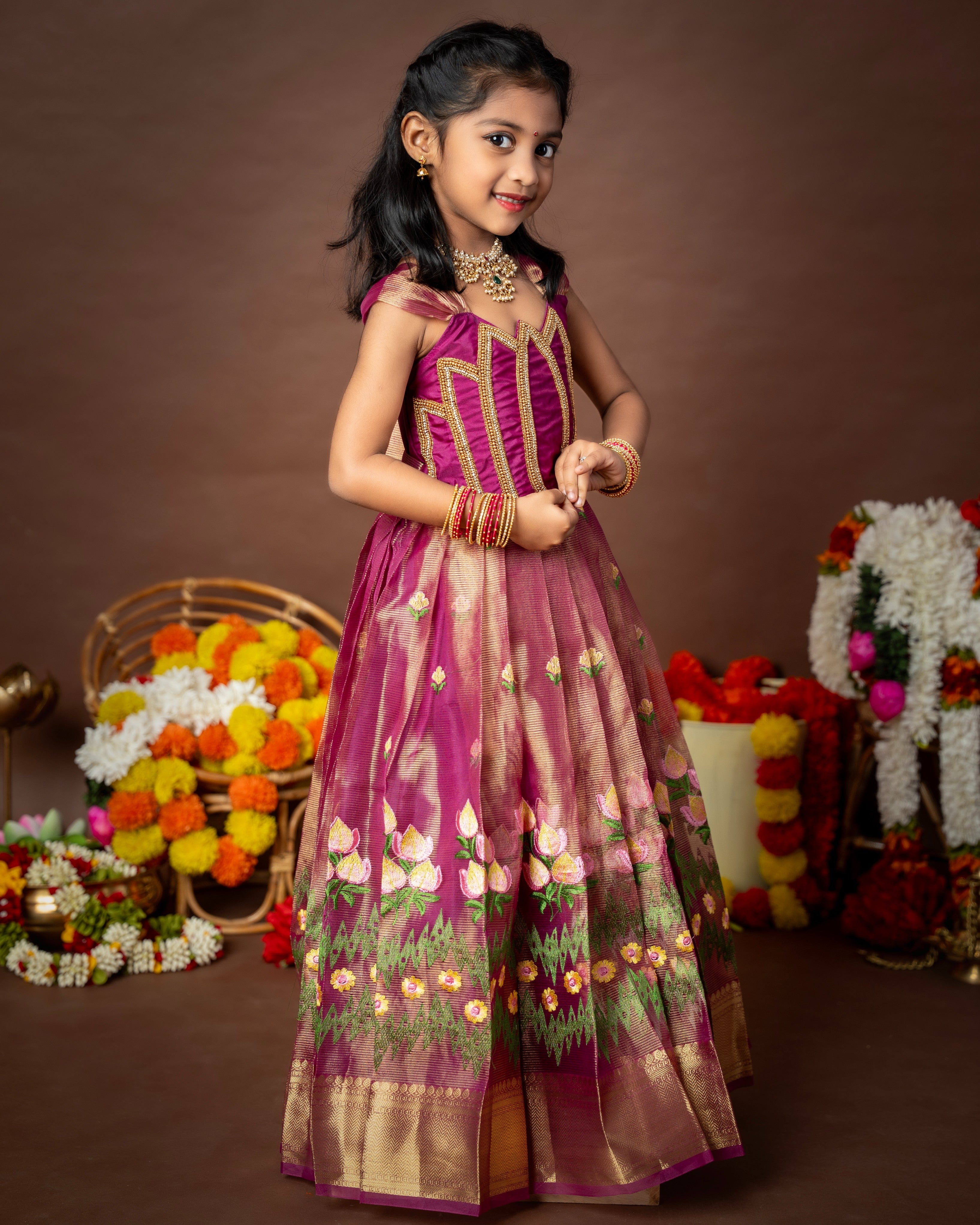 ROYAL KAMALAM - Lotus Aariwork Pink Tissue Embroidery Long Gown