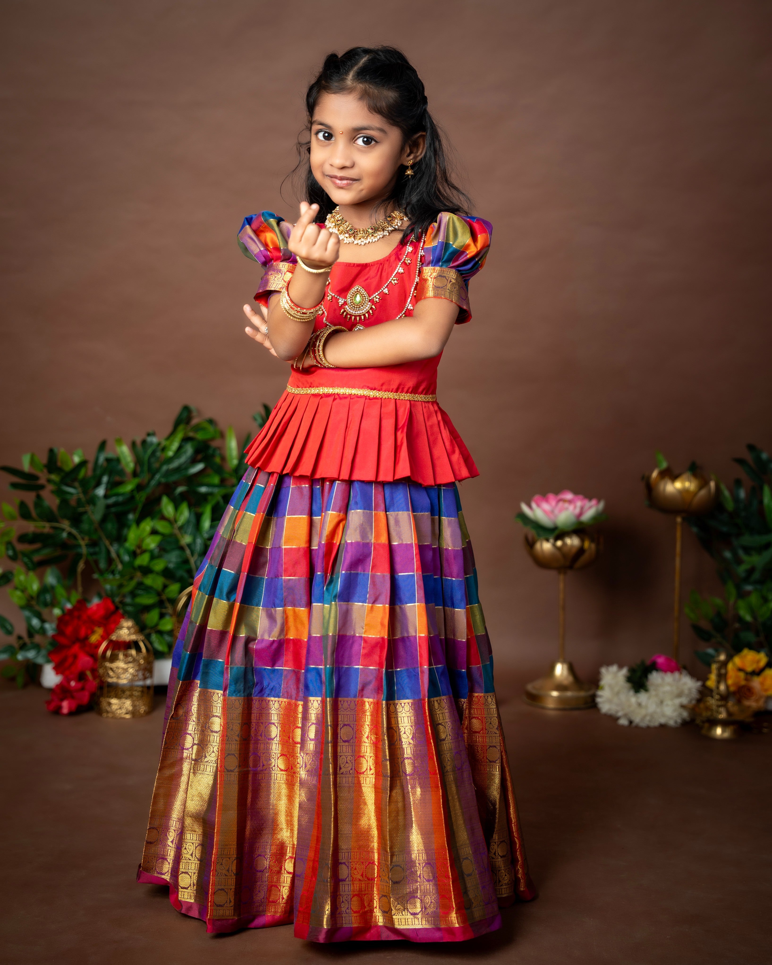 Paalum Pazhamum Multi Color Checks with Traditional Long Border Kanchi Pattu Paavadai Sattai