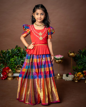 Paalum Pazhamum Multi Color Checks with Traditional Long Border Kanchi Pattu Paavadai Sattai