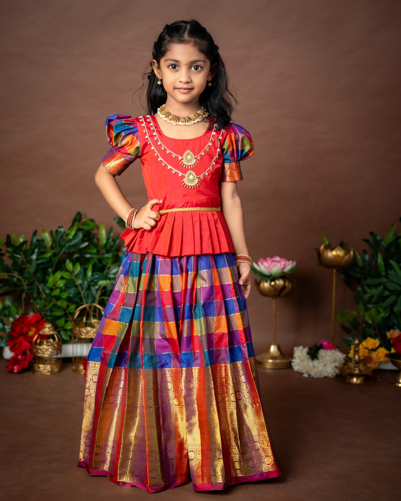 Paalum Pazhamum Multi Color Checks with Traditional Long Border Kanchi Pattu Paavadai Sattai