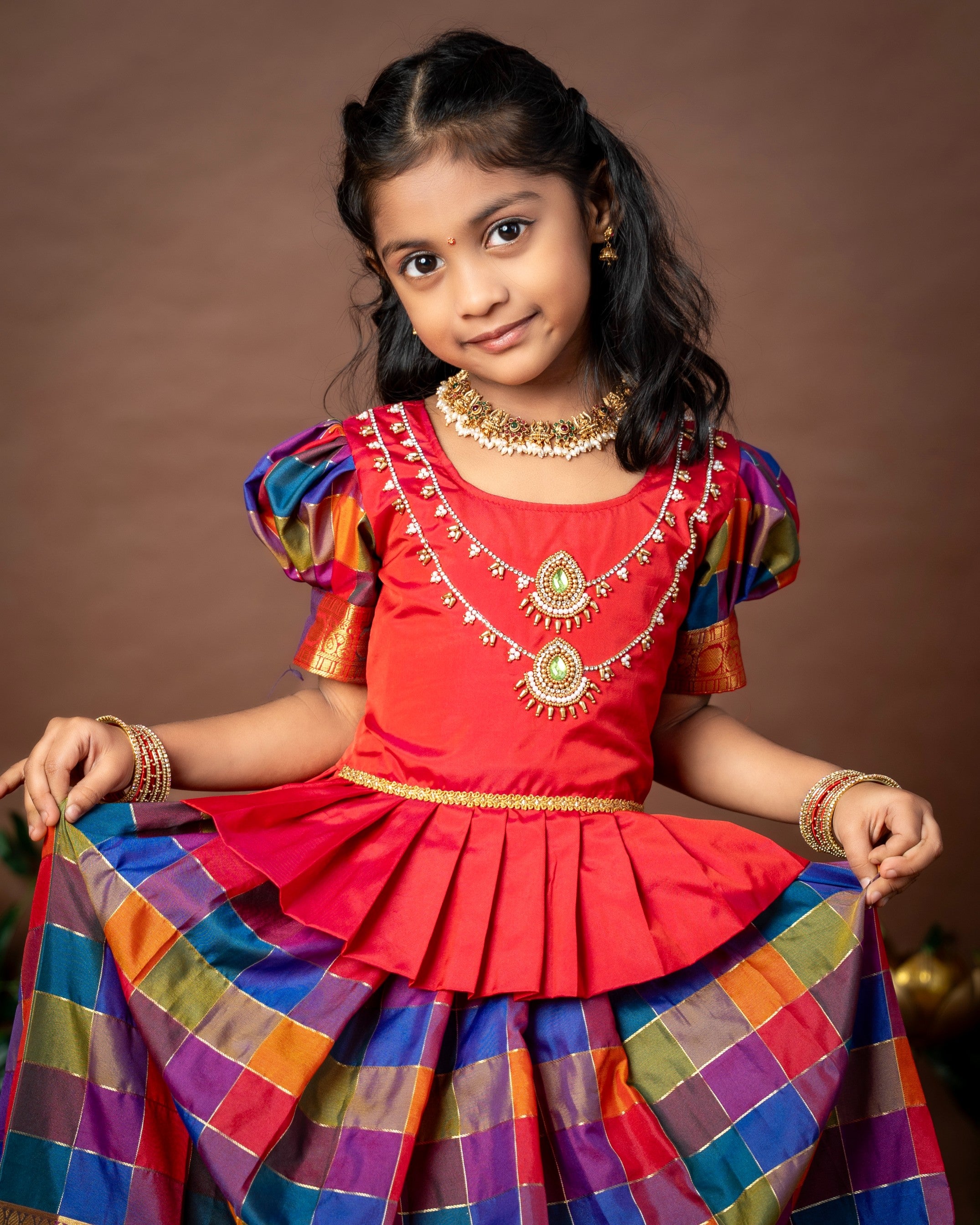 Paalum Pazhamum Multi Color Checks with Traditional Long Border Kanchi Pattu Paavadai Sattai