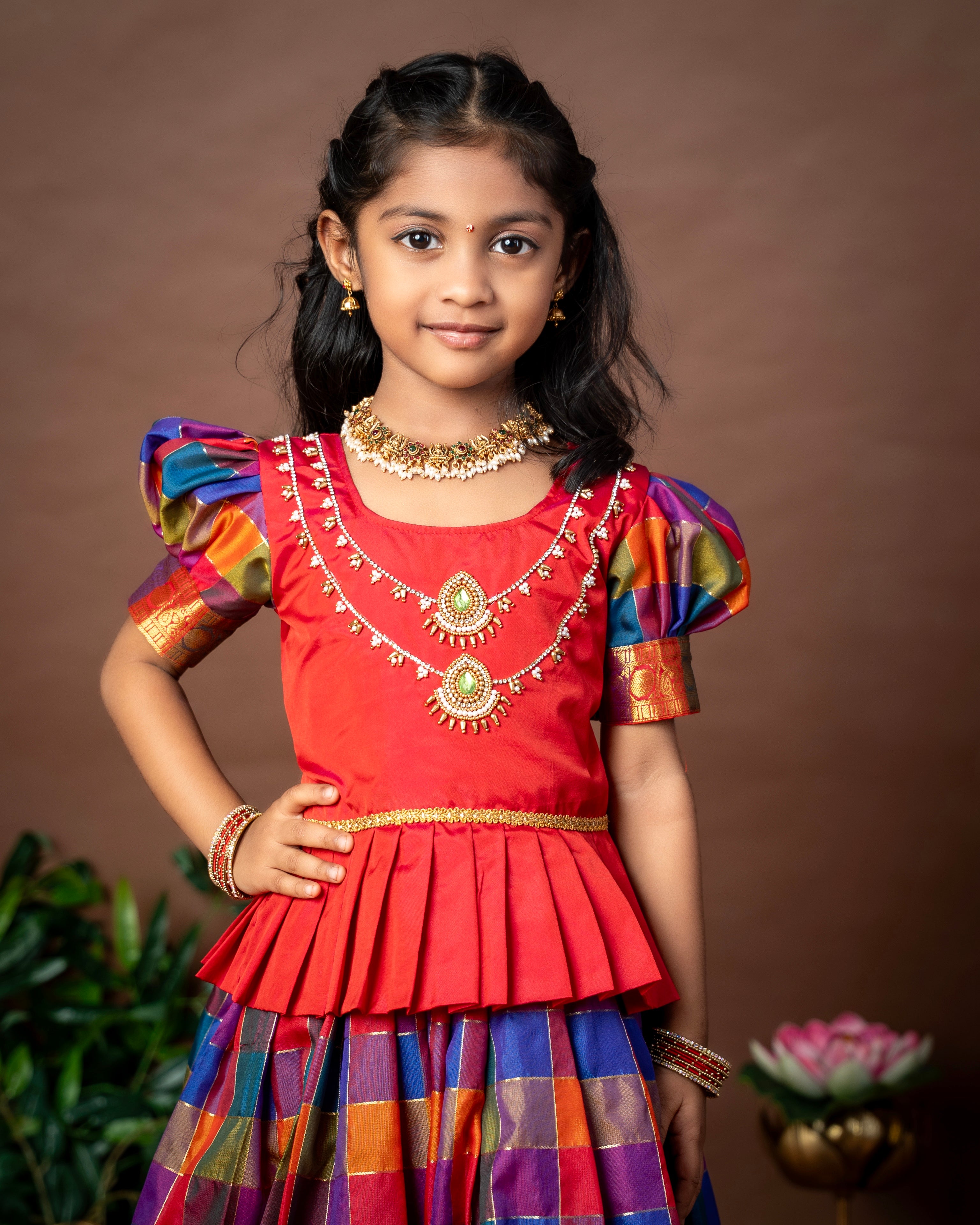 Paalum Pazhamum Multi Color Checks with Traditional Long Border Kanchi Pattu Paavadai Sattai