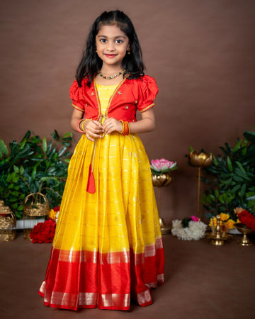 Vibrant Yellow Semi Banarasi Frock and Red Overcoat