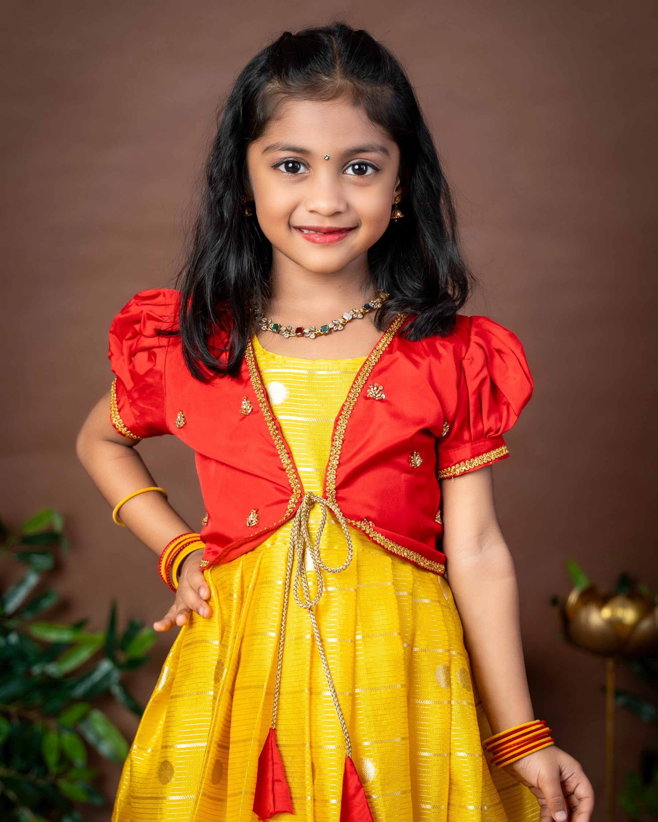 Vibrant Yellow Semi Banarasi Frock and Red Overcoat