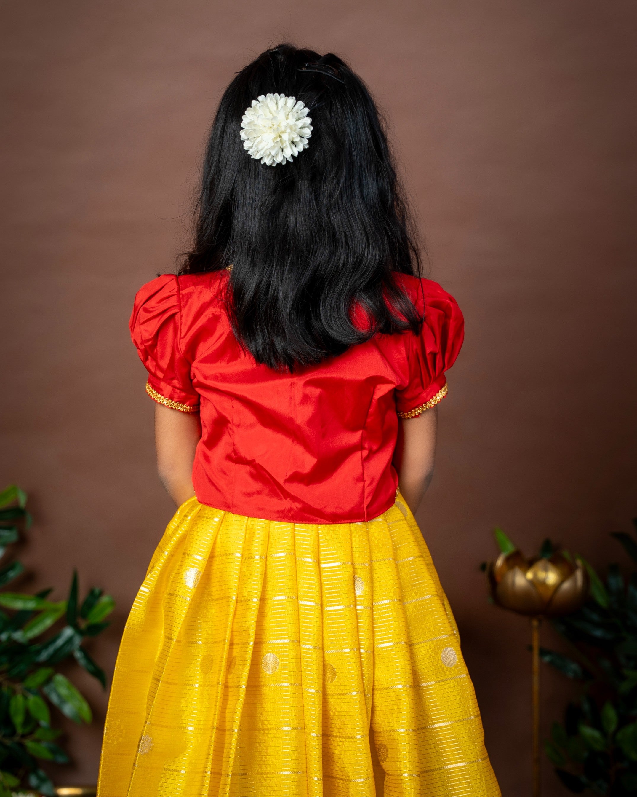 Vibrant Yellow Semi Banarasi Frock and Red Overcoat