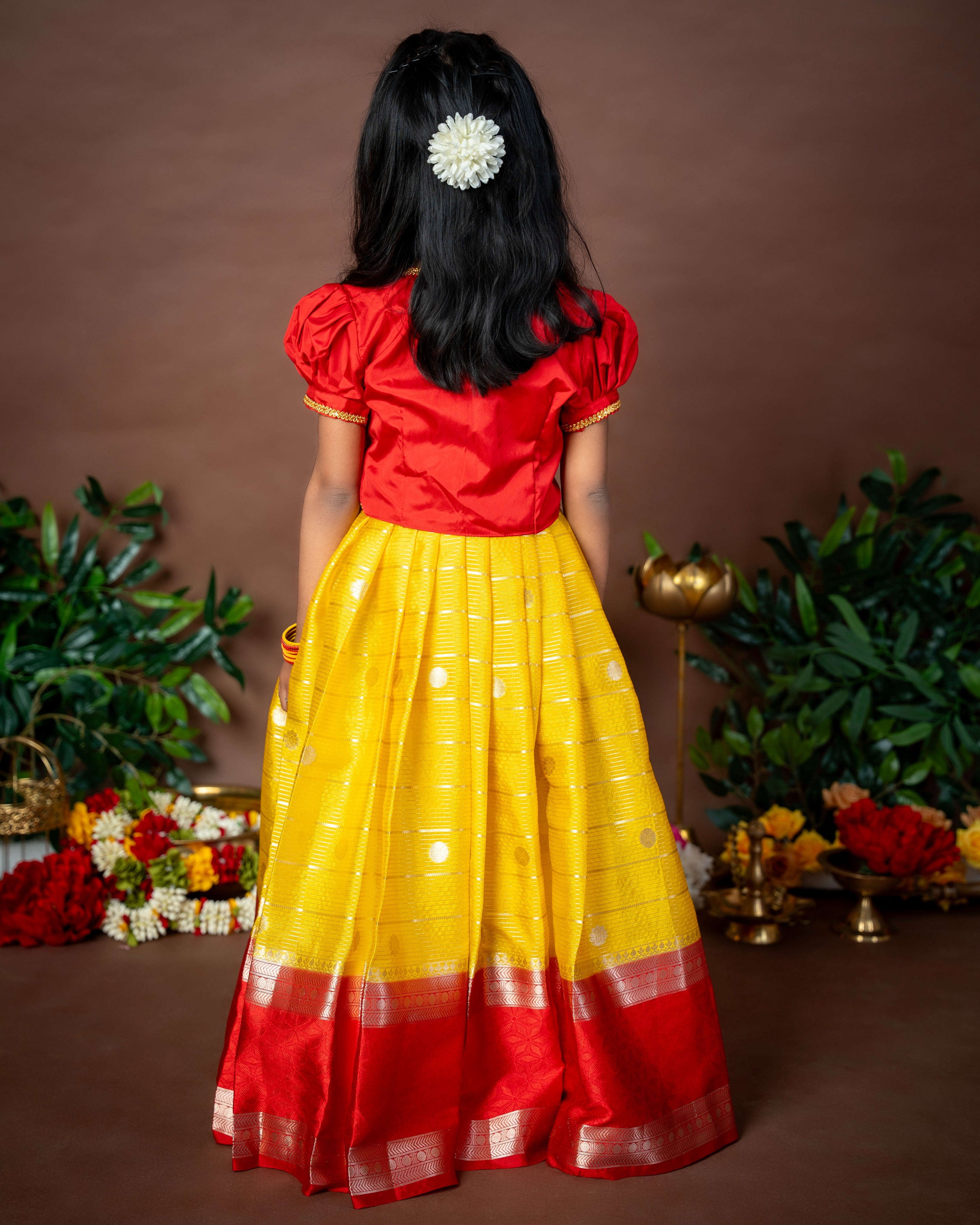 Vibrant Yellow Semi Banarasi Frock and Red Overcoat