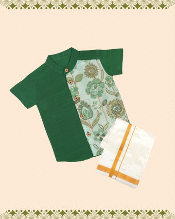 Dark Green Floral Panel Silk shirt with Pattu Vesti set for Boys