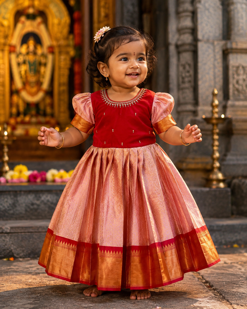Peach and Red - Traditional Premium Semi Kanchipattu Frock