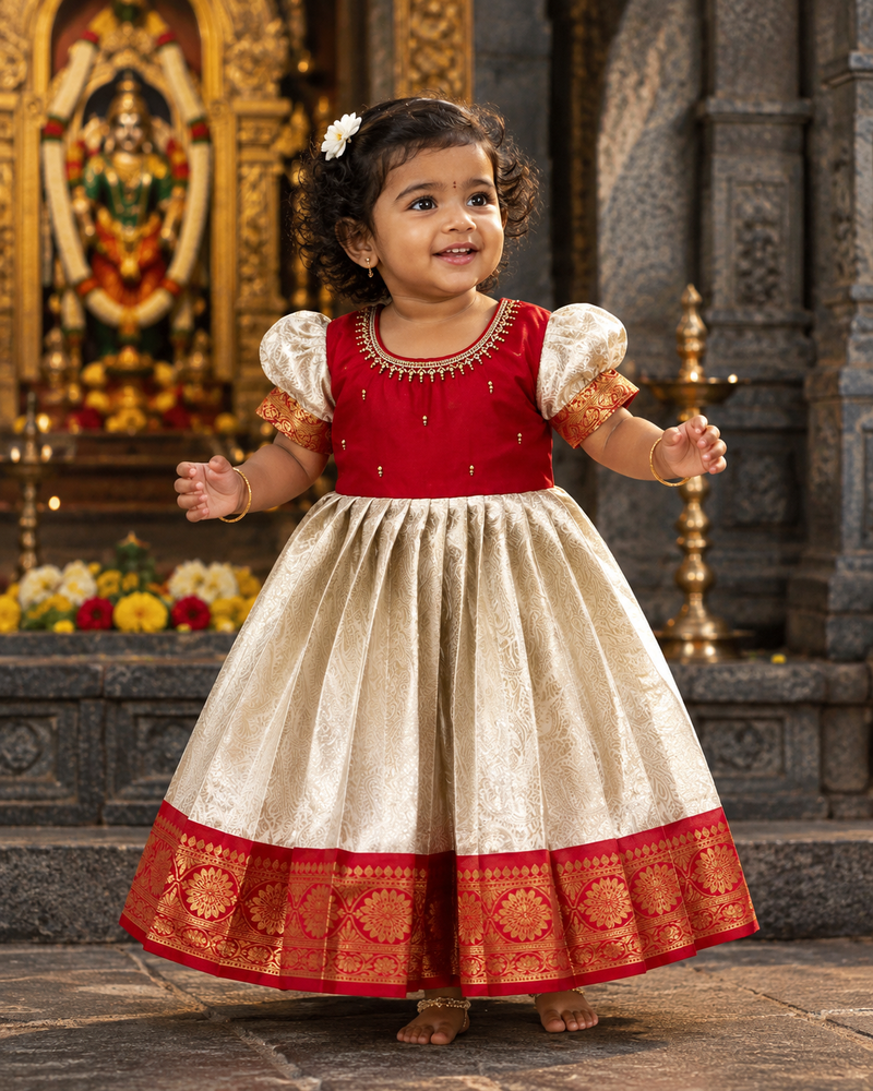 White and Red - Traditional Premium Semi Kanchipattu Frock