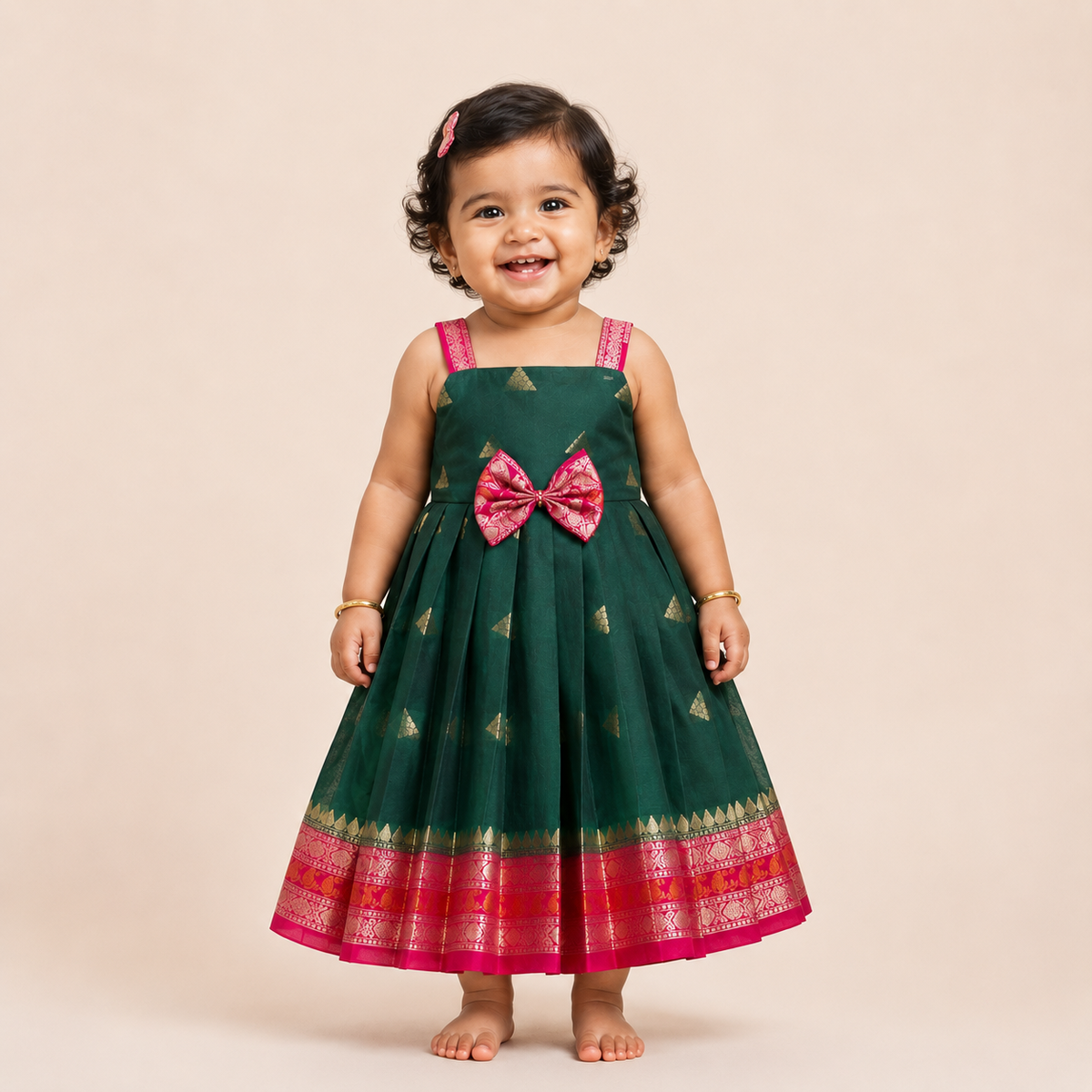 Dark Green and Pink Banarasi Silk Frock