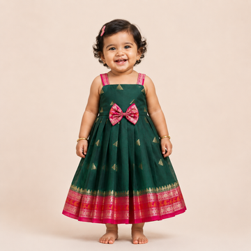 Dark Green and Pink Banarasi Silk Frock