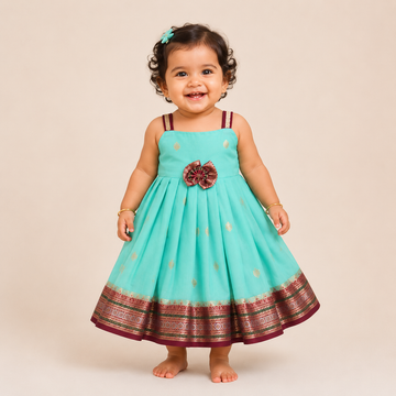 Turquoise Blue and Maroon Banarasi Silk Frock