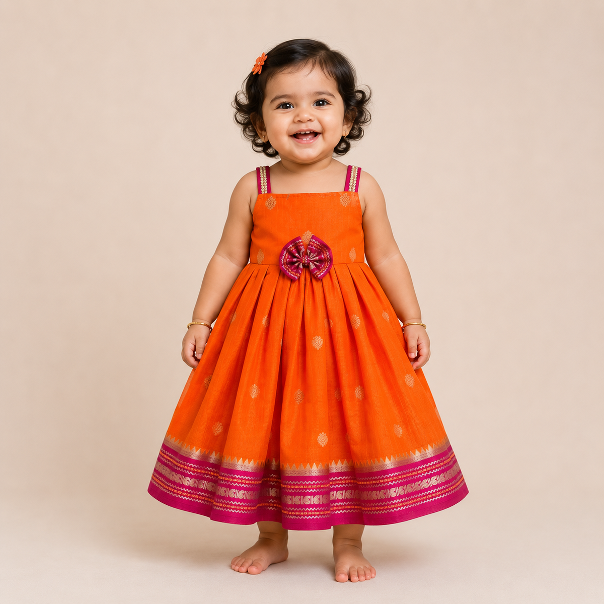Orange and Pink Banarasi Silk Frock