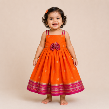Orange and Pink Banarasi Silk Frock