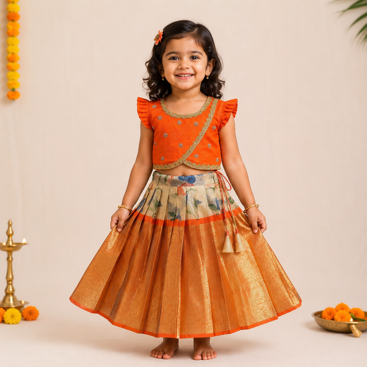 Orange and Cream Color Hand-Painted Banarasi Tissue Silk Pattu Paavadai Sattai