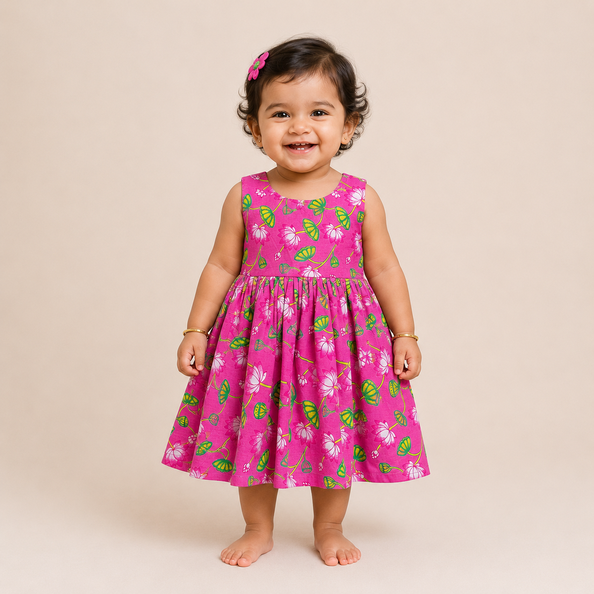 Pink Pichwai Floral Design Cotton Sleeveless Frock