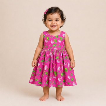 Pink Pichwai Floral Design Cotton Sleeveless Frock