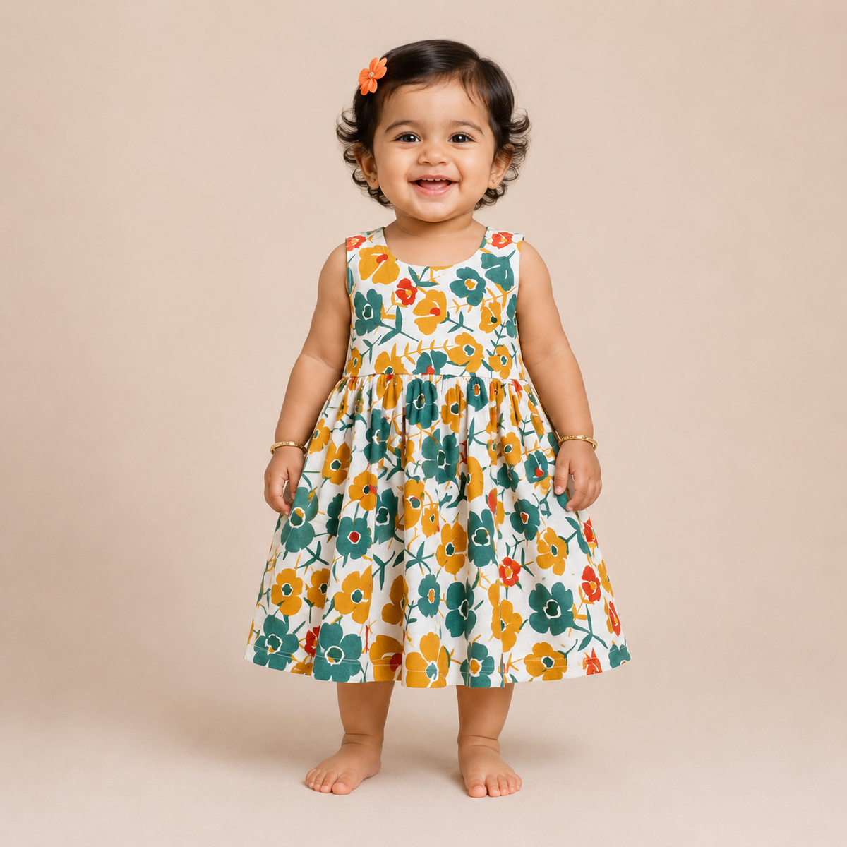 White Floral Design Pure Cotton Sleeveless Frock