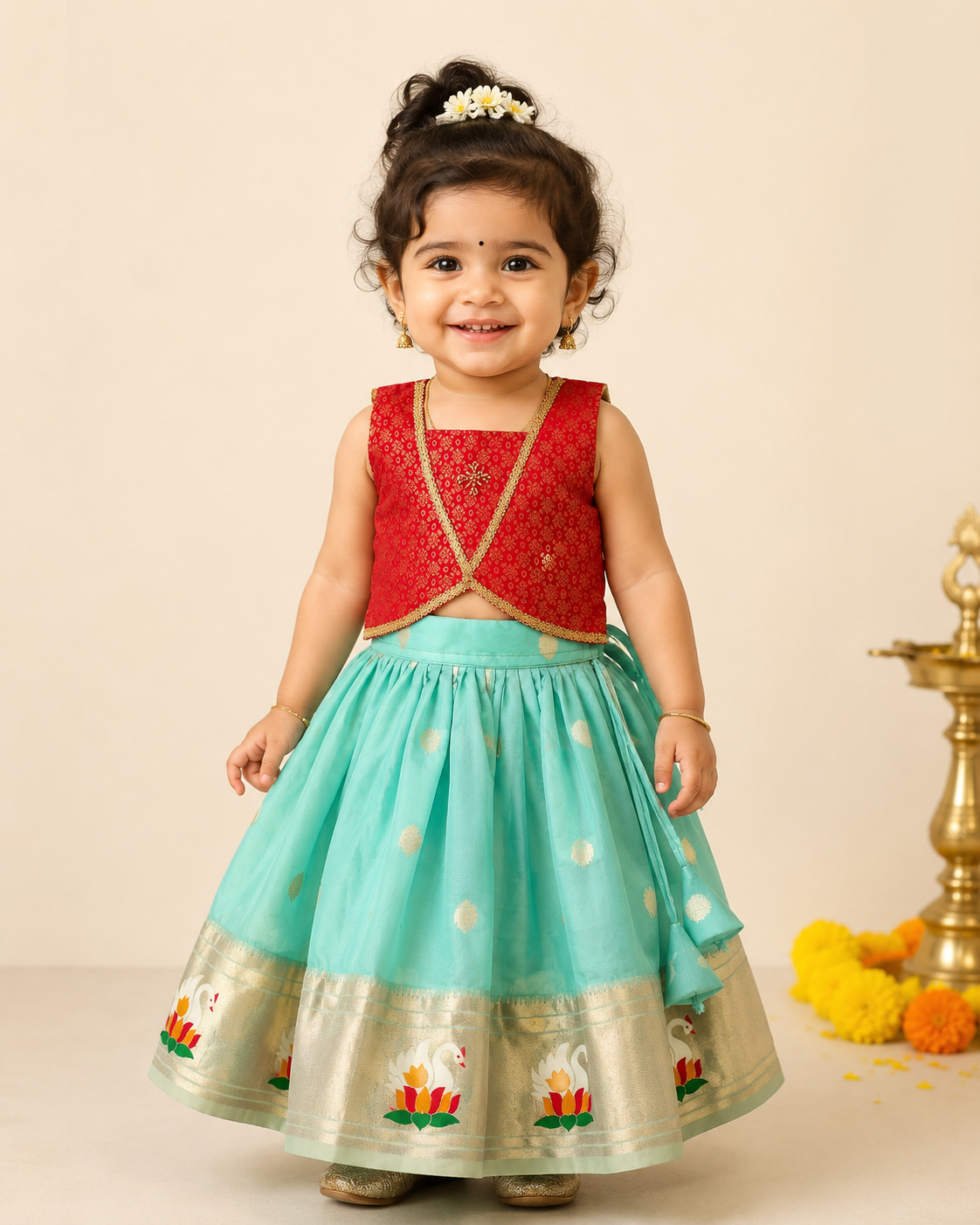 Pastel Blue Soft Organza Skirt with Red Brocade Top