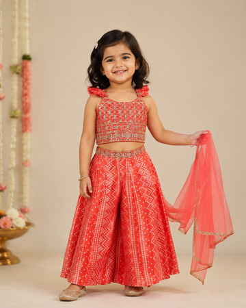 Candy Orange Bandhani Design Palazzo Pant and Crop Top