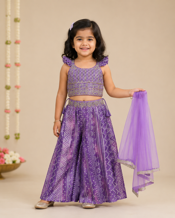 Lavender Bandhani Design Palazzo Pant and Crop Top