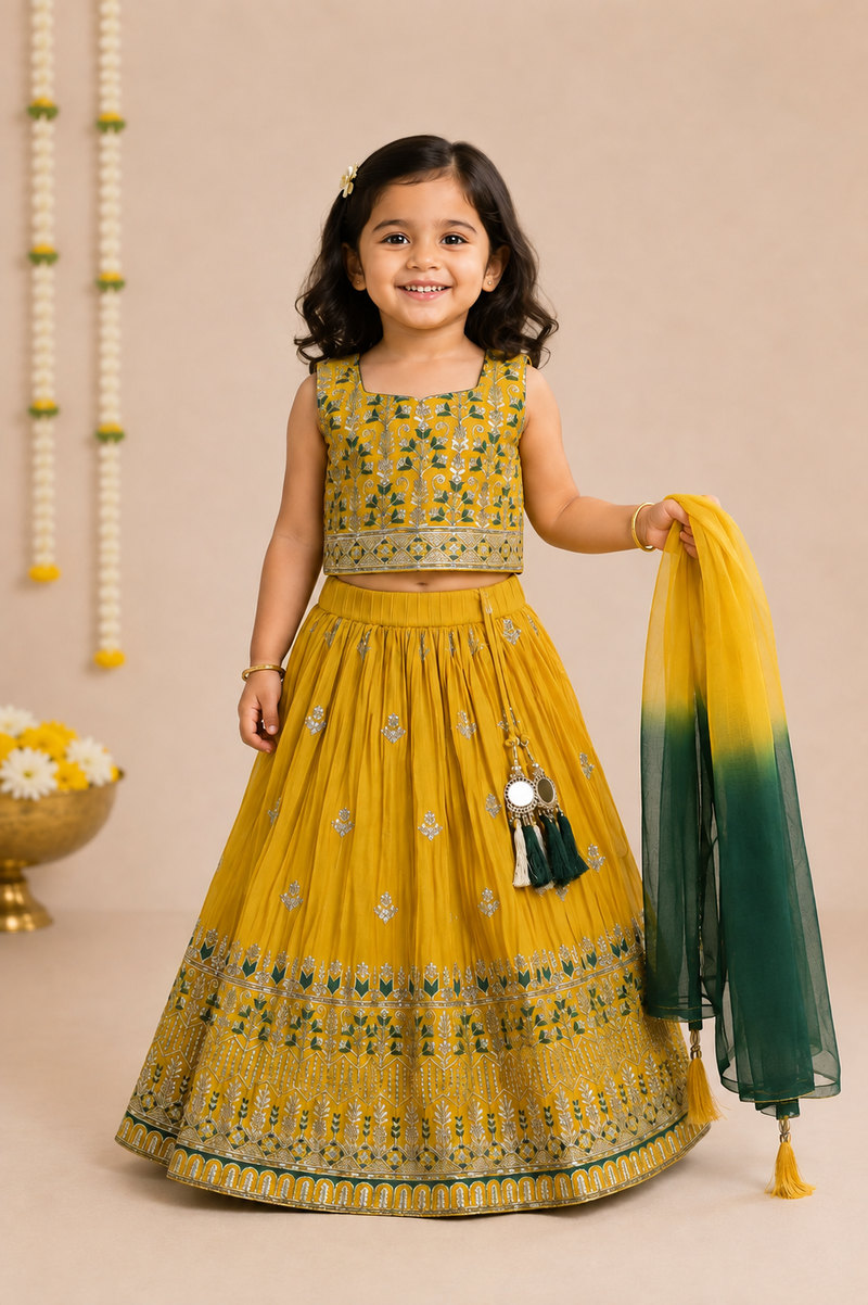 Yellow and Green Embrodery work  Festival Grand Lehenga Set
