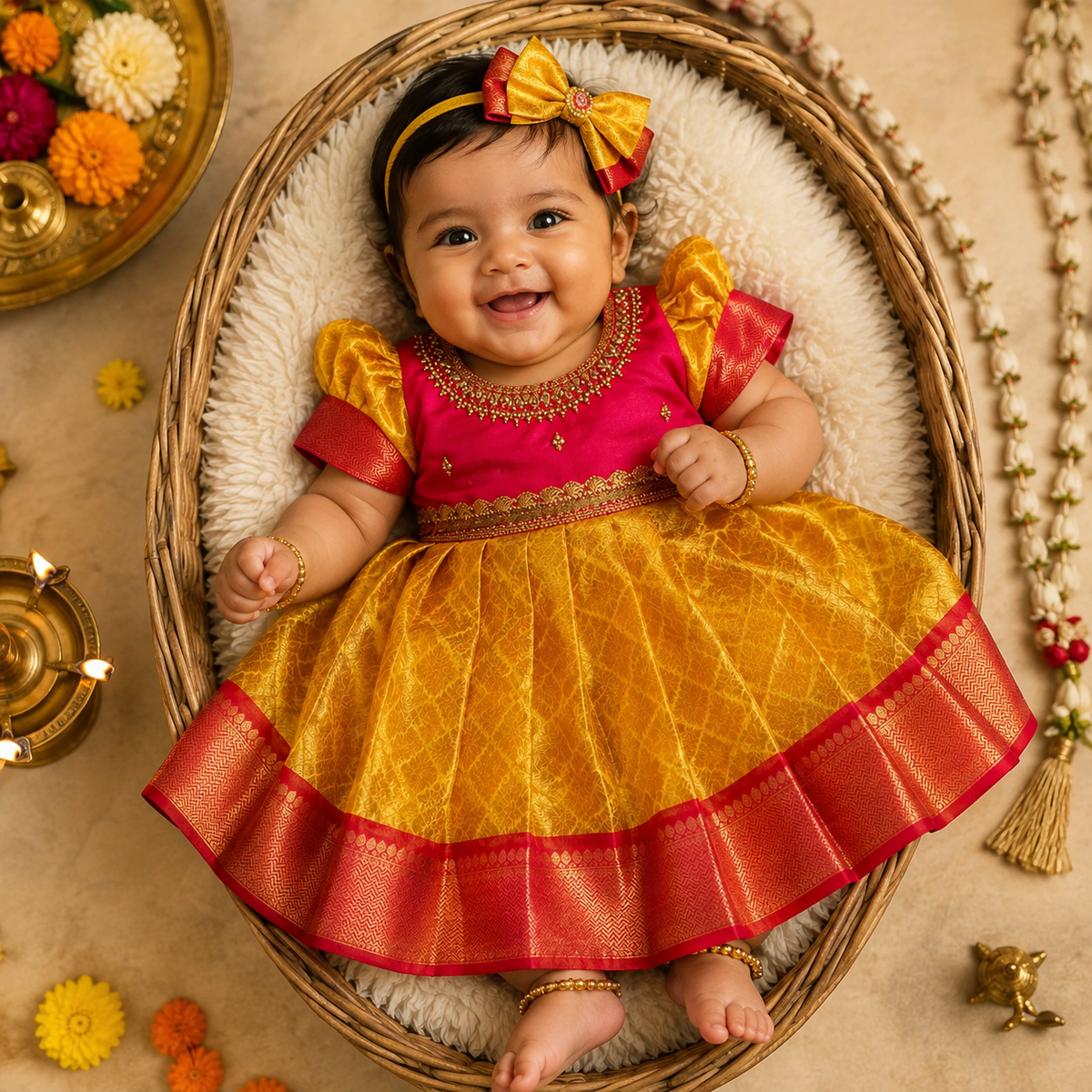 Yellow and Pink- Traditional Premium Semi Kanchipattu Frock