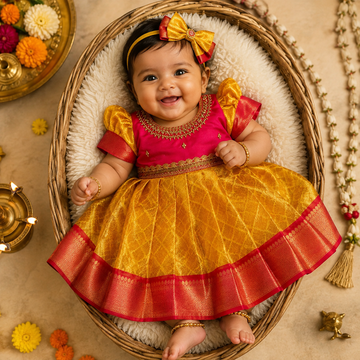 Yellow and Pink- Traditional Premium Semi Kanchipattu Frock