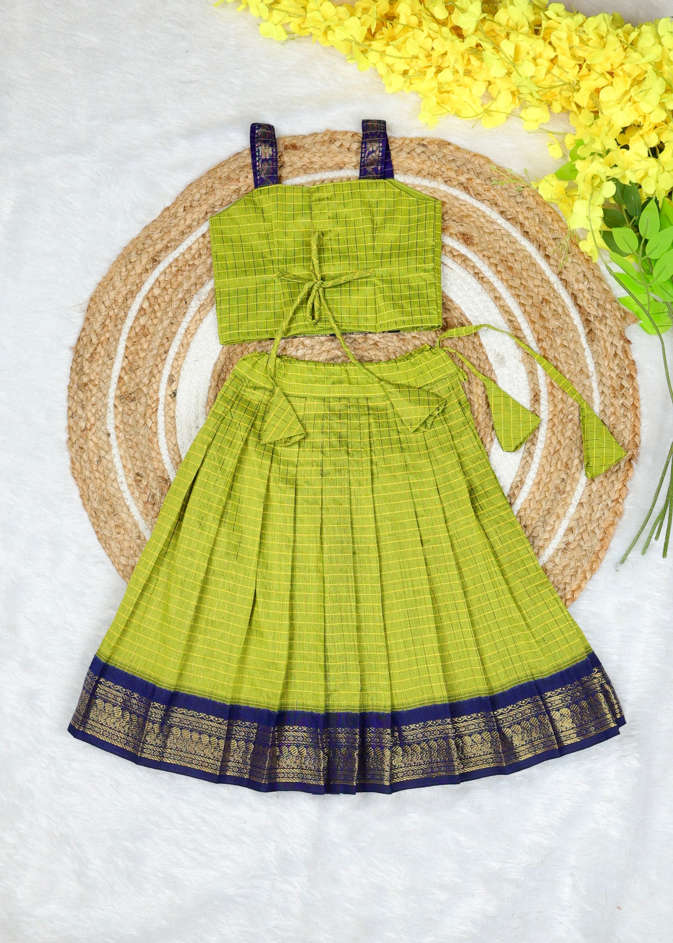 Celebrate the beauty of tradition with our Kalyani Silk Cotton Skirt & Top Set -Light Green and Dark Blue Combo