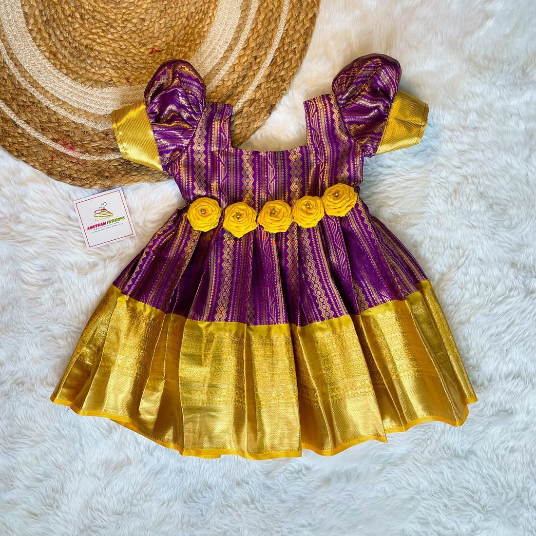 Premium Semi Kanchipattu Gown – Voilet & Yellow Combo (Long Border) Saree Available for Mom