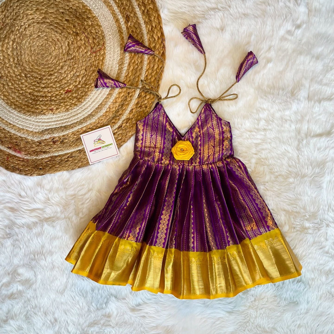 Premium Semi Kanchipattu Tie Up Gown(Short Border) – Voilet & Yellow Combo & Mom Saree