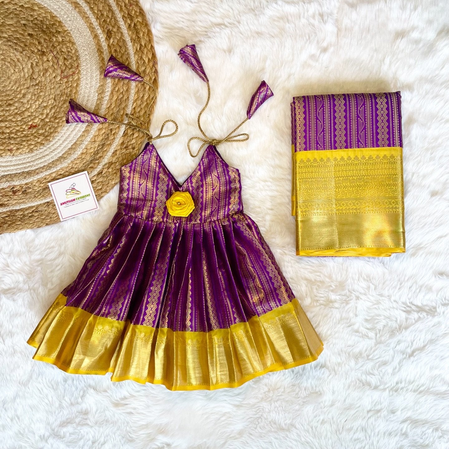 Premium Semi Kanchipattu Tie Up Gown(Short Border) – Voilet & Yellow Combo & Mom Saree
