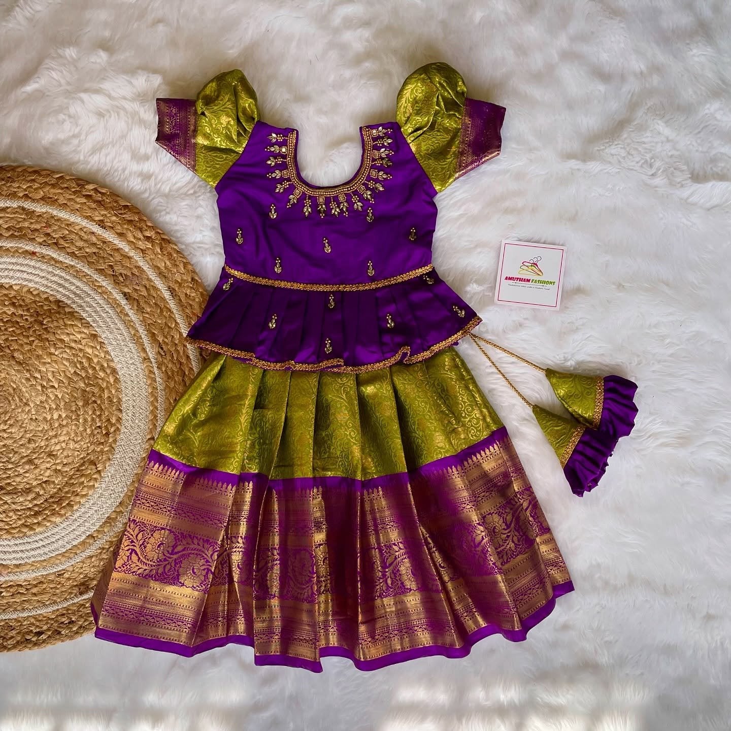 Light Green Premium Semi Kanchipattu Paavadai & Voilet Color Grand Aariwork Sattai & Matching Saree