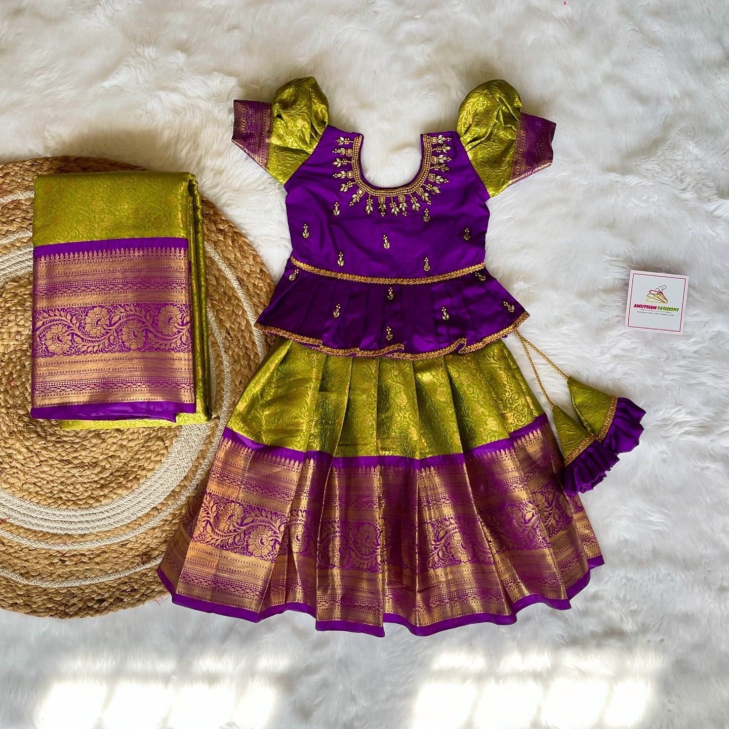 Light Green Premium Semi Kanchipattu Paavadai & Voilet Color Grand Aariwork Sattai & Matching Saree