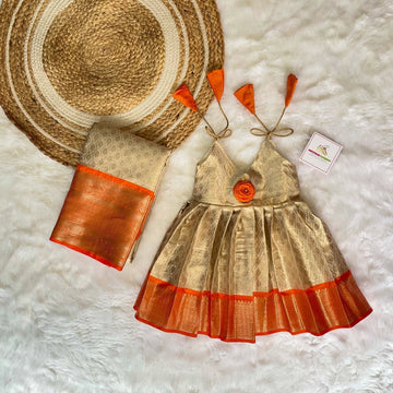Golden Cream & Orange Color Premium Semi Kanchipattu Knot Frock & Matching Saree