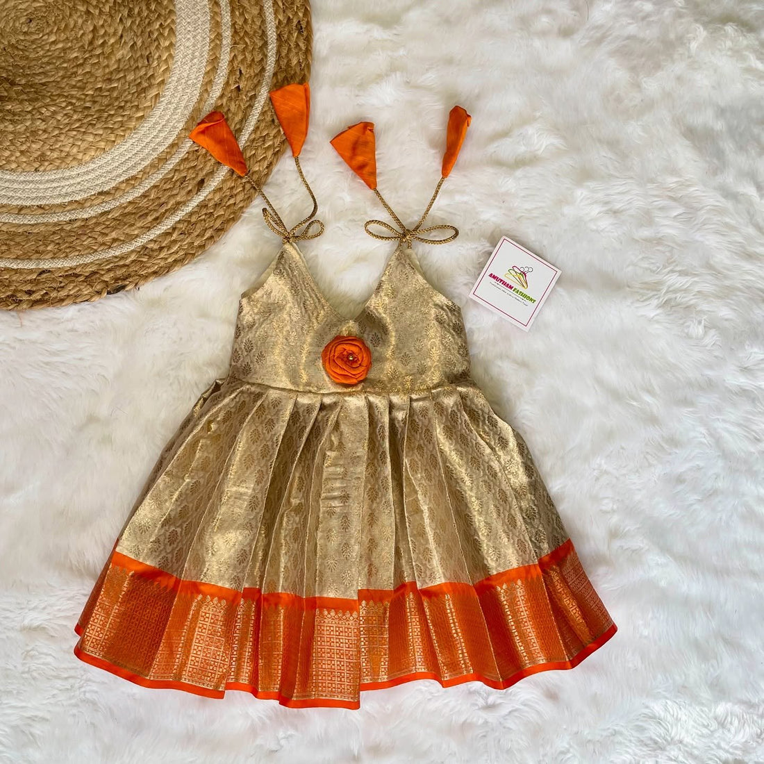 Golden Cream & Orange Color Premium Semi Kanchipattu Knot Frock & Matching Saree