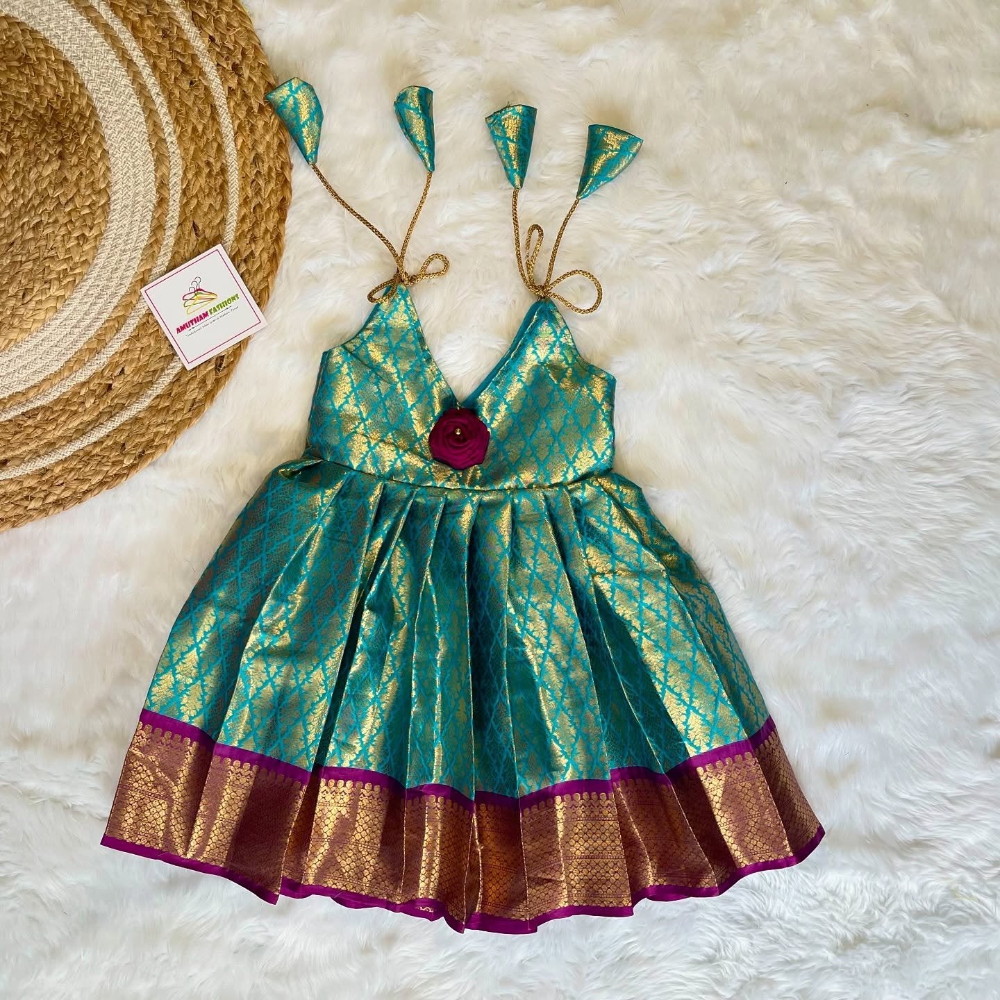 Light Blue & Dark Purple Color Premium Semi Kanchipattu Knot Frock