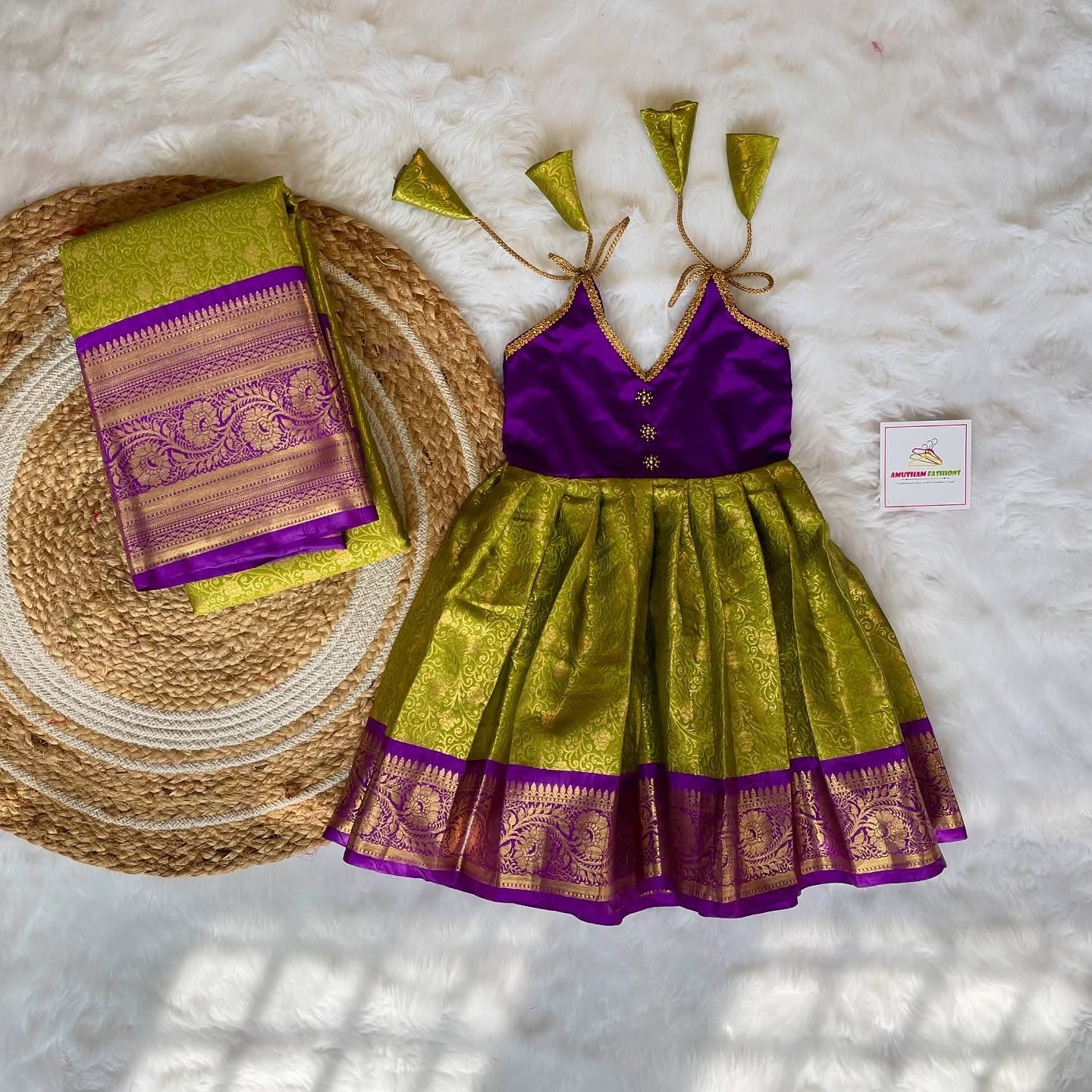 Light Green and Voilet Color Premium Semi Kanchipattu Knot Frock (Short Border) & Matching Saree