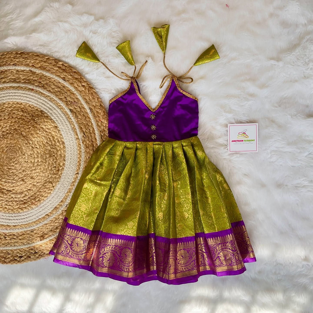 Light Green and Voilet Color Premium Semi Kanchipattu Knot Frock (Short Border) & Matching Saree