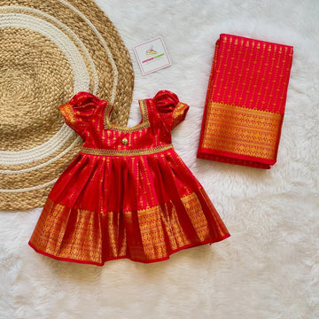 Red Semi Silk Kanchipattu Frock & Matching Saree