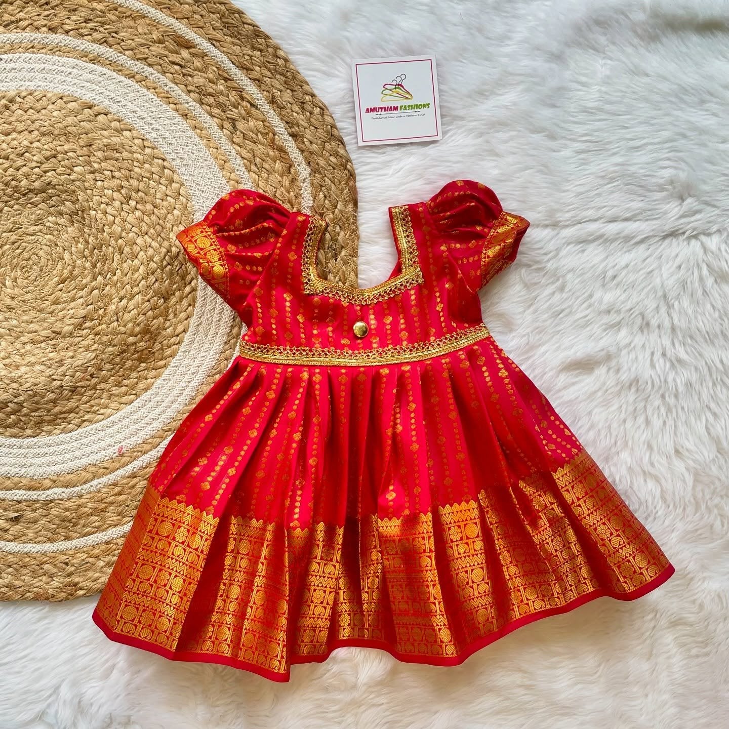Red Semi Silk Kanchipattu Frock & Matching Saree