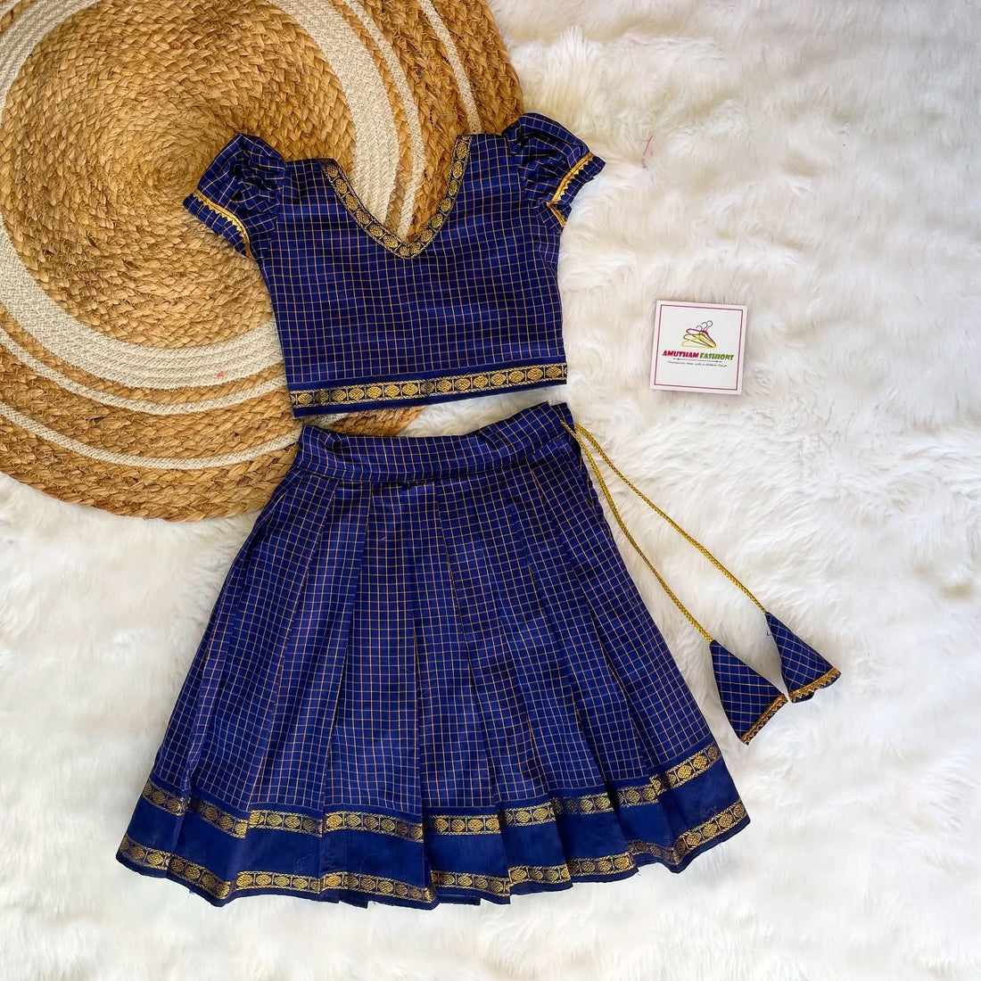 Handloom Silk Cotton Zari Checked Paavadai and Sattai – Blue | Matching mom saree