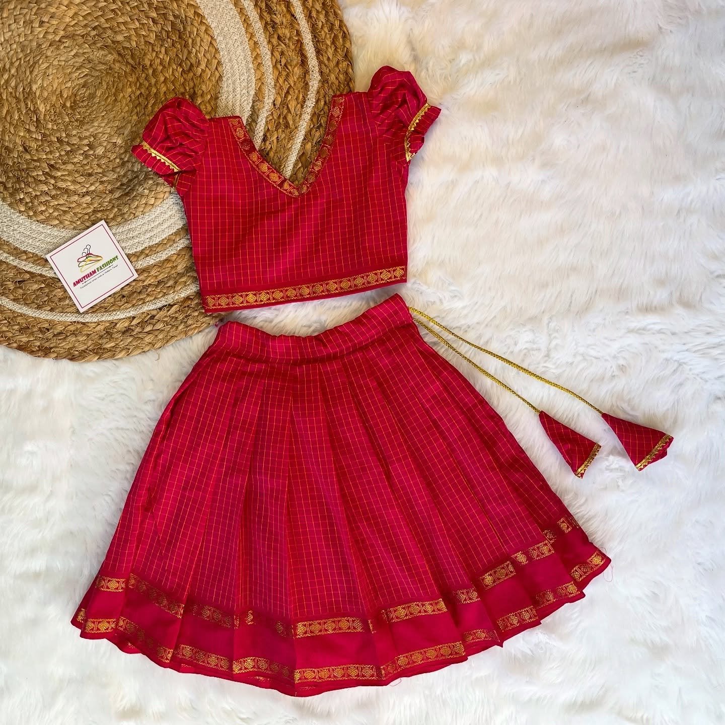 Handloom Silk Cotton Zari Checked Paavadai and Sattai – Indian Pink | Matching mom saree