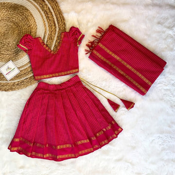 Handloom Silk Cotton Zari Checked Paavadai and Sattai – Indian Pink | Matching mom saree