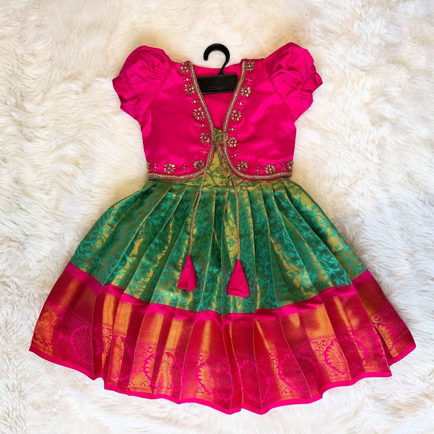 FESTIVE FITS – Premium Semi Kanchipattu Sleeveless Frock & Designer Overcoat in Green and Pink Combo