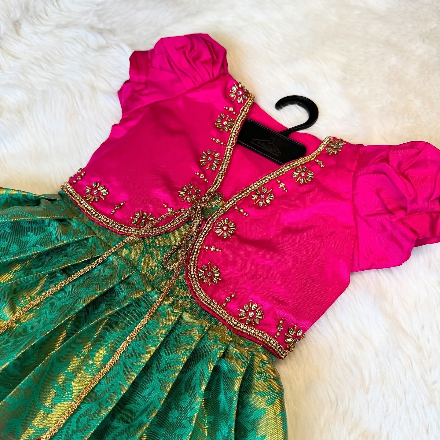 FESTIVE FITS – Premium Semi Kanchipattu Sleeveless Frock & Designer Overcoat in Green and Pink Combo