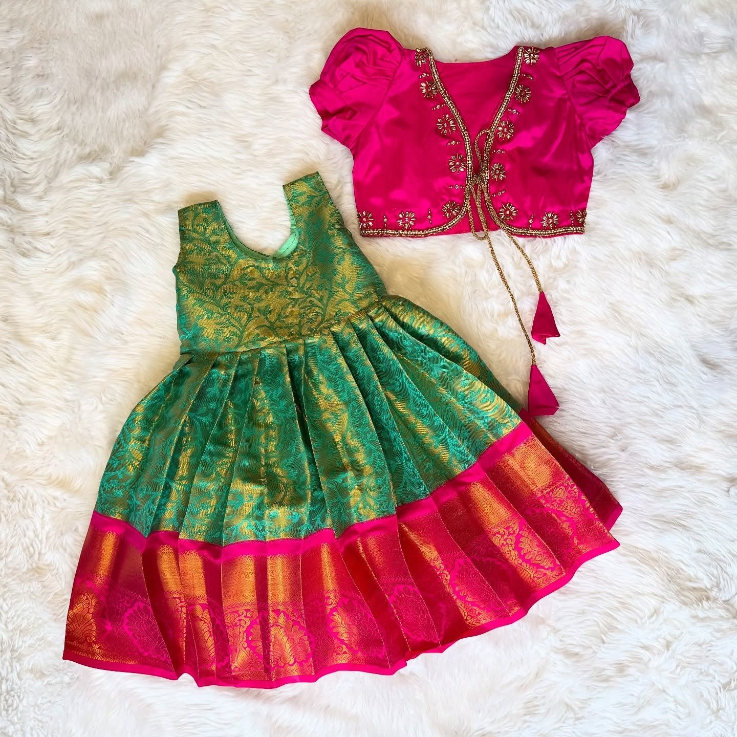 FESTIVE FITS – Premium Semi Kanchipattu Sleeveless Frock & Designer Overcoat in Green and Pink Combo