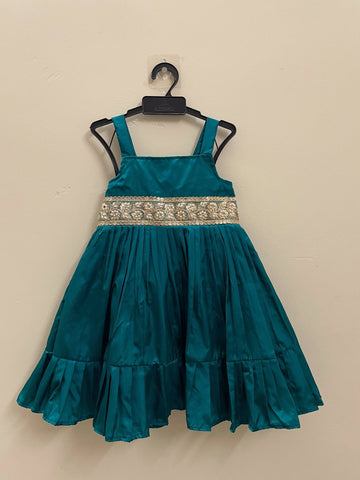 Ramar Green Silk Frock with Strap Sleeves - Midi Length