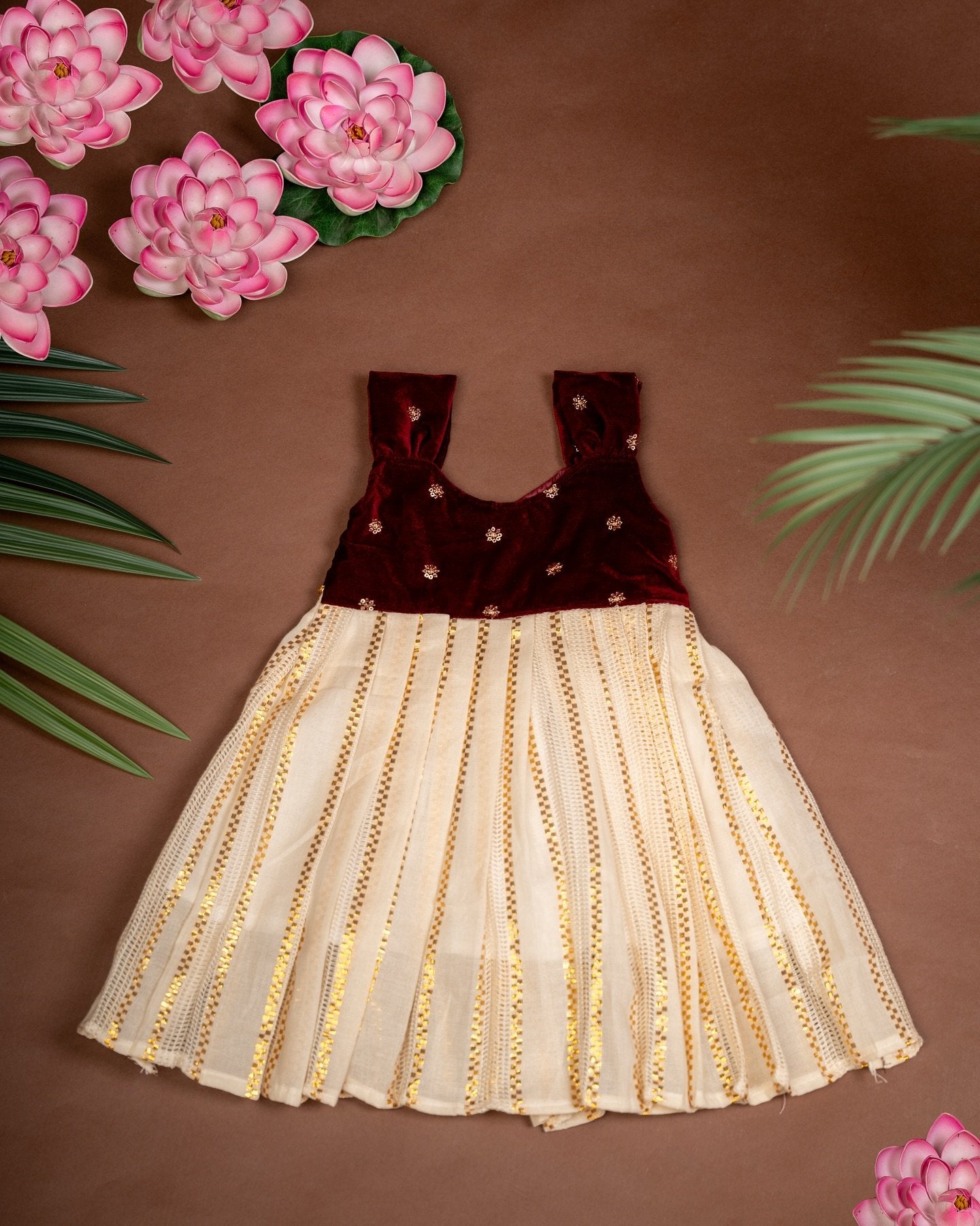 Maroon Velvet sequence work Fabric in Top and Traditional Kasavu Zari Fabric in Bottom – Kerala Frock – Minmini Onam Collections (Pre booking)