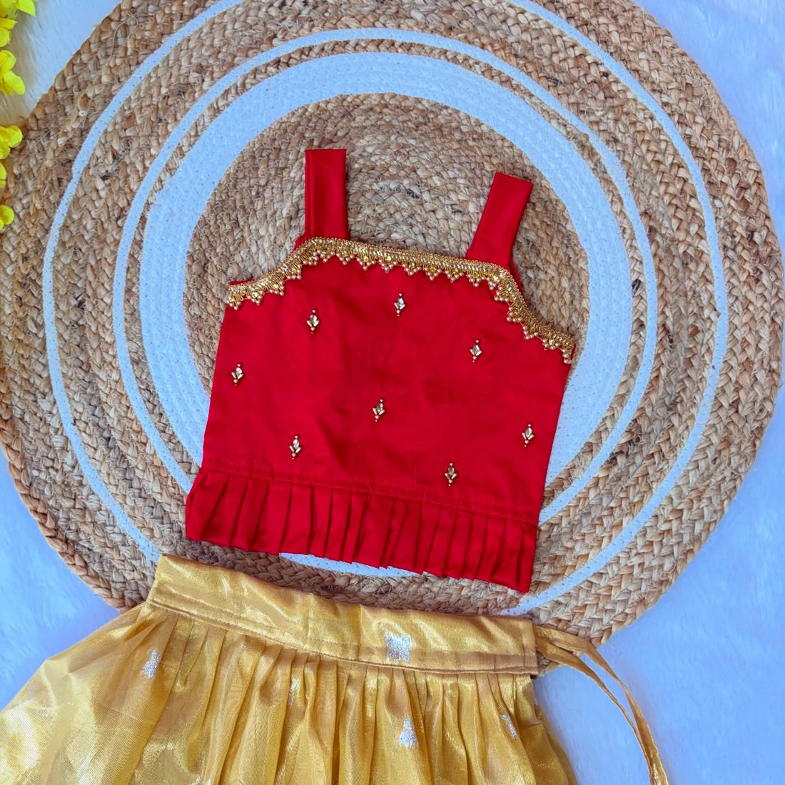 Golden Yellow Tissue Skirt with Red Silk Top